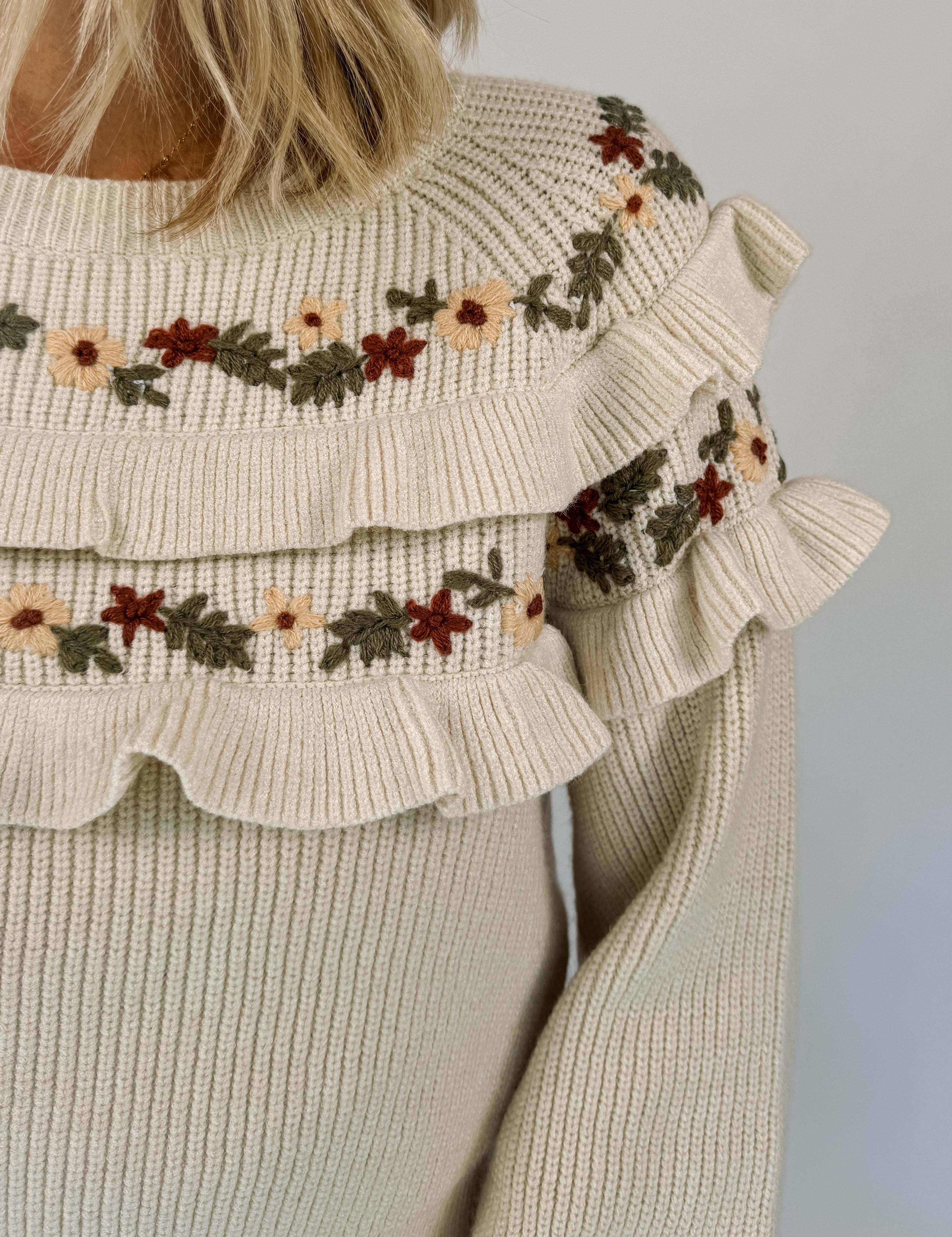 Lila Embroidered Ruffle Sweater