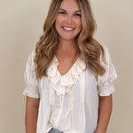 Dani Ruffle Blouse with cream ruffle neckline and pintuck detailing — Paper Doll