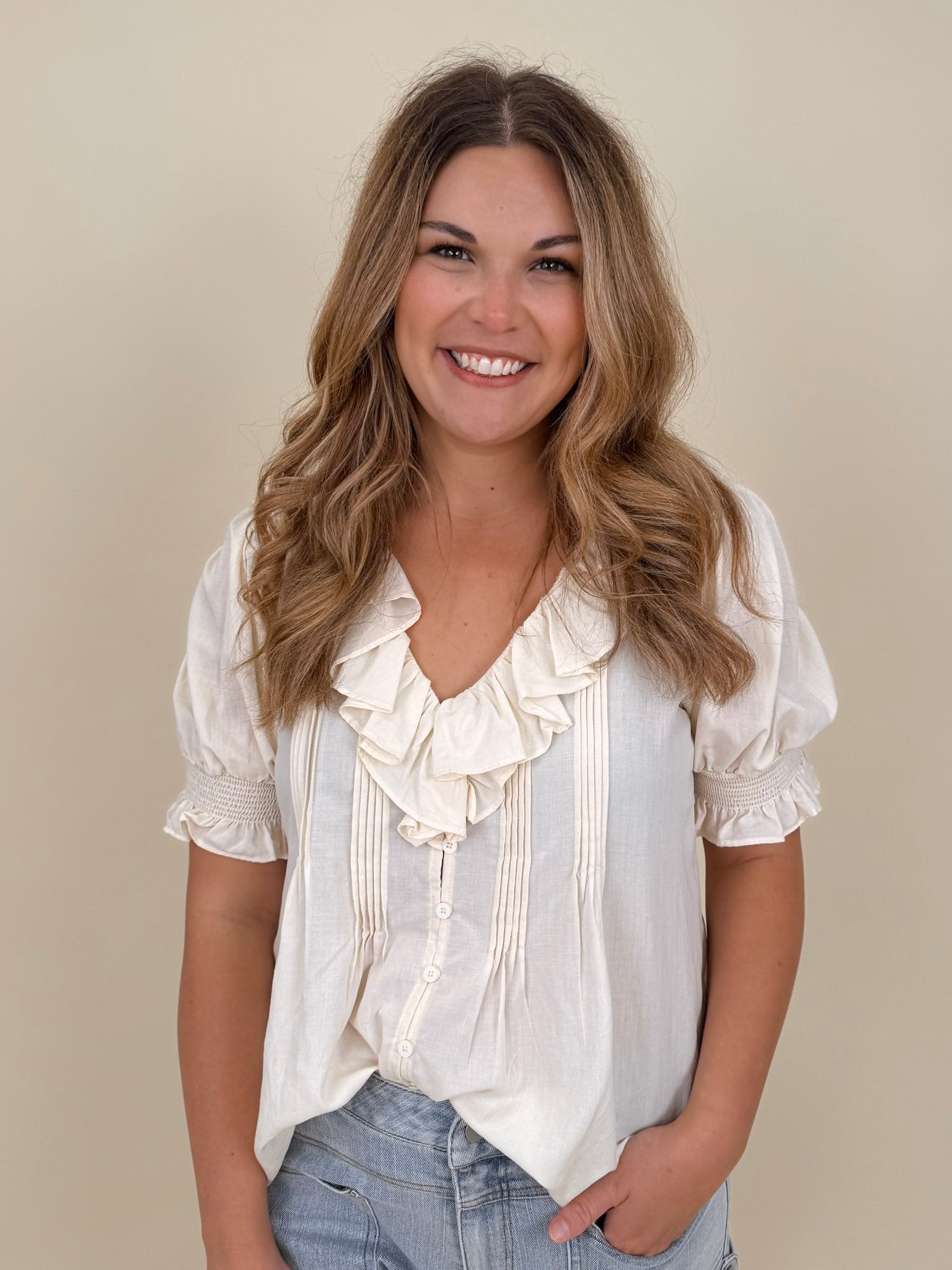 Dani Ruffle Blouse with cream ruffle neckline and pintuck detailing — Paper Doll