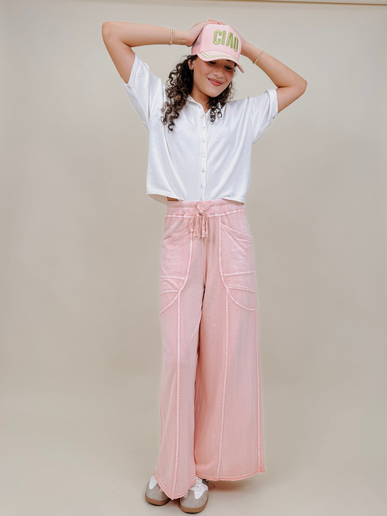 Braxton Cozy Pant in washed blush with a drawstring waist and wide leg — Paper Doll

