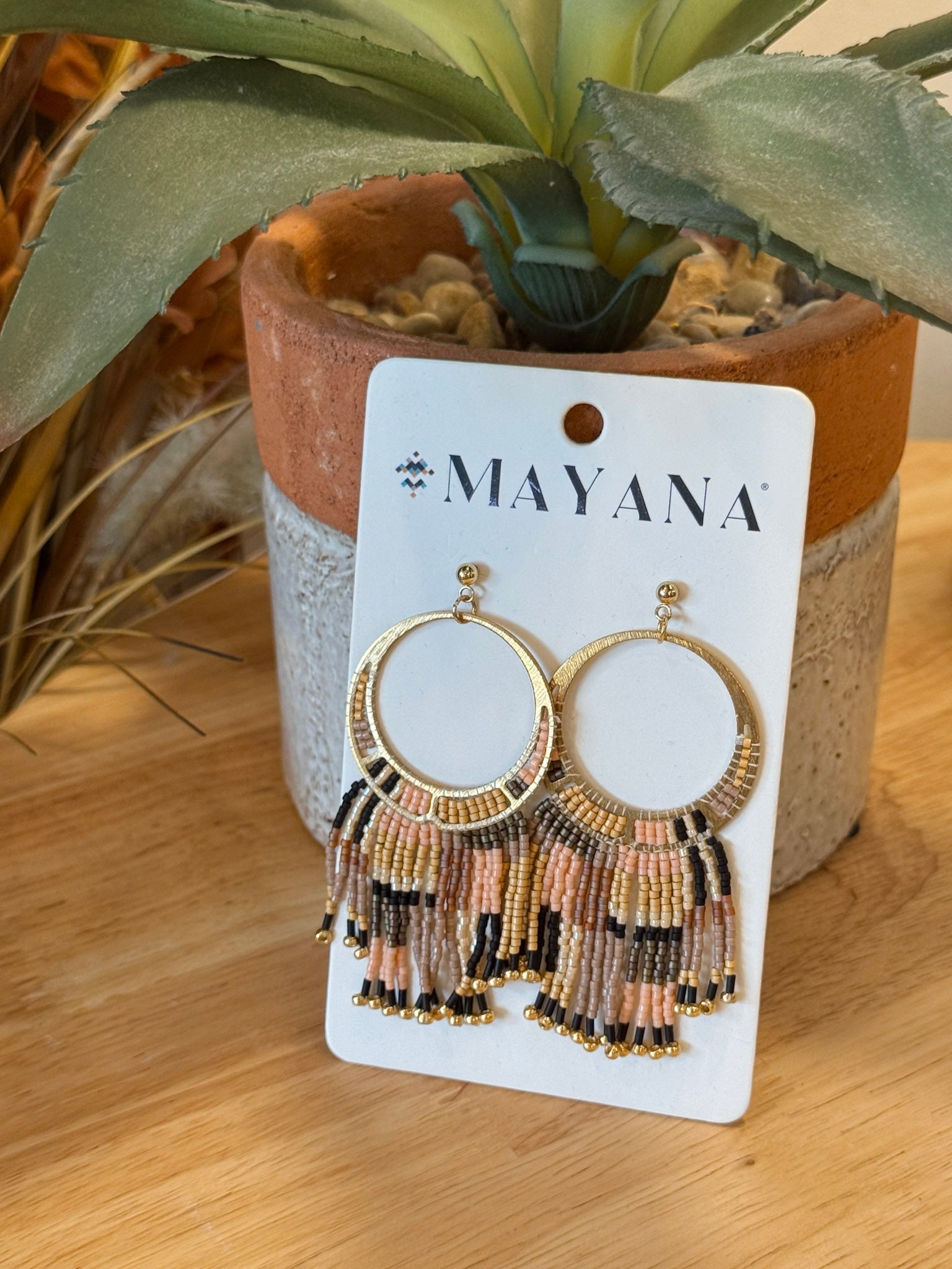 Painted Desert Fringe Earrings with gold hoop and blush, tan, black, and gold beaded fringe — Paper Doll