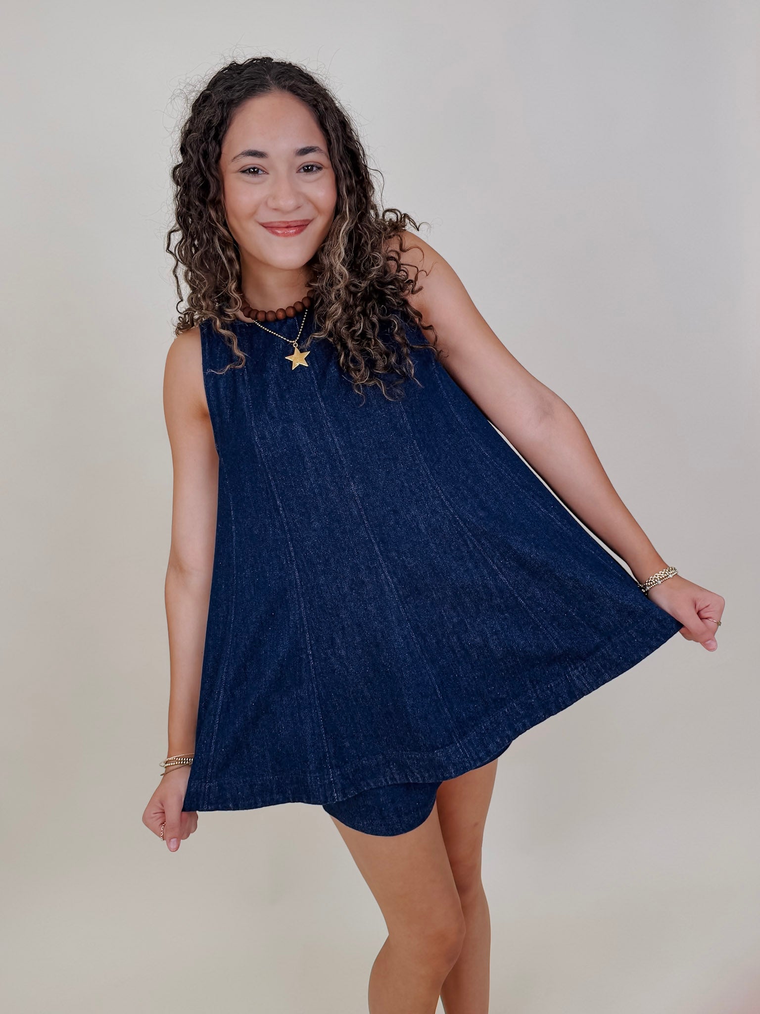 Joy in the Details Set with dark wash denim swing top and matching shorts — Paper Doll