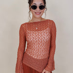 Sierra Casual Top in terracotta open lace knit with bell sleeves — Paper Doll