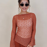 Sierra Casual Top in terracotta open lace knit with bell sleeves — Paper Doll