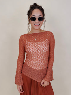 Sierra Casual Top in terracotta open lace knit with bell sleeves — Paper Doll
