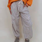 Betsy Wide-Leg Cargo Pant in oatmeal and cream stripe with flap cargo pockets and gathered ankle — Paper Doll