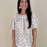 Palm Breeze Blouse in cream with olive and lavender palm tree print and puff sleeves — Paper Doll