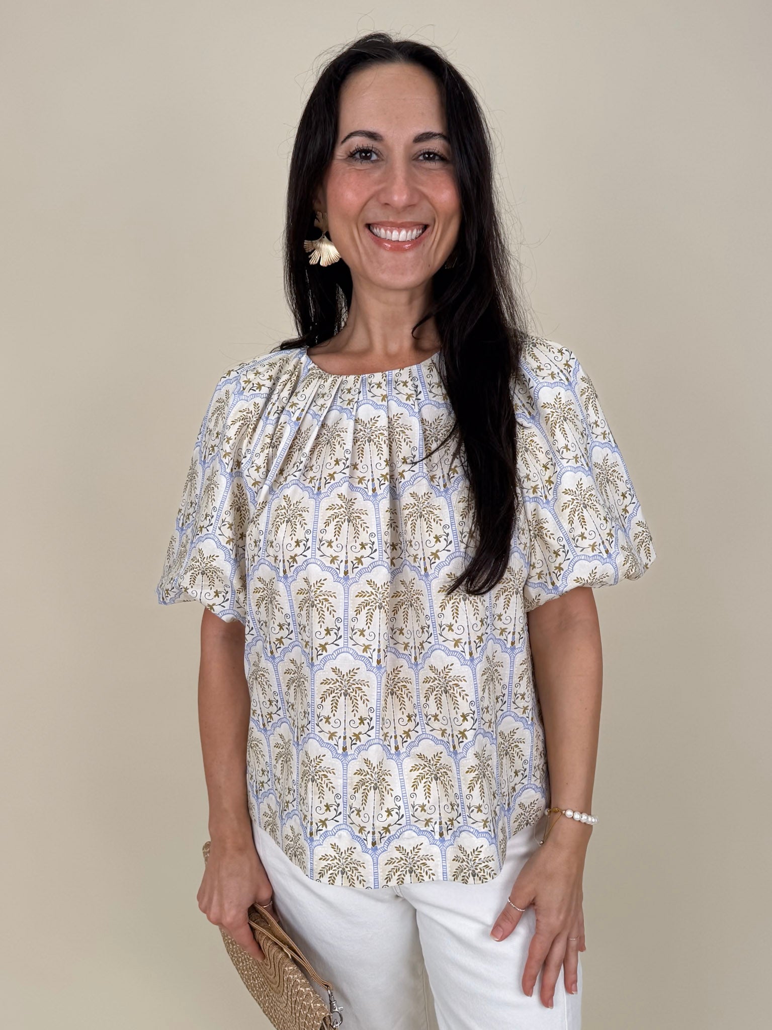 Palm Breeze Blouse in cream with olive and lavender palm tree print and puff sleeves — Paper Doll