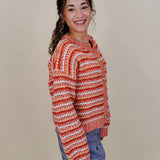 Jasmine Knit Top in coral and rust striped knit with gold buttons — Paper Doll