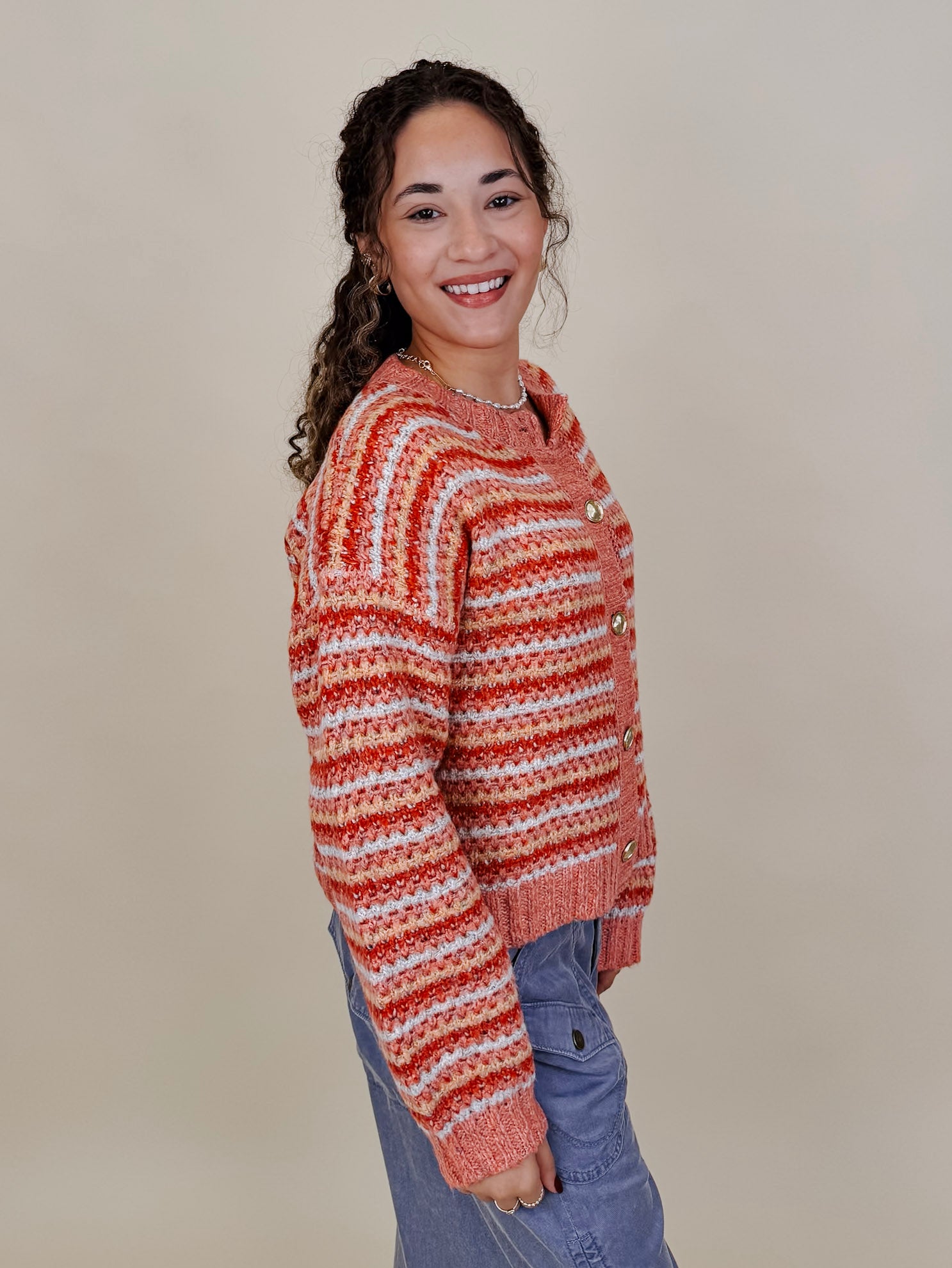 Jasmine Knit Top in coral and rust striped knit with gold buttons — Paper Doll