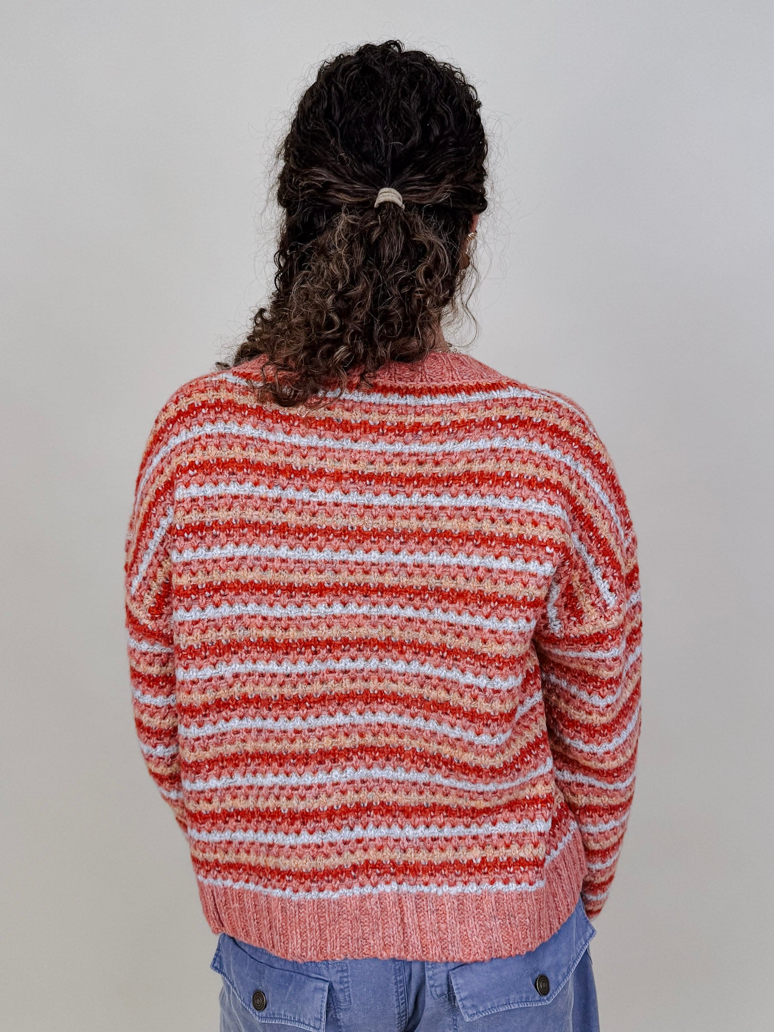 Jasmine Knit Top in coral and rust striped knit with gold buttons — Paper Doll