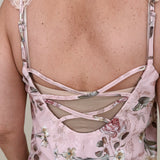Isabelle Floral Blouse in blush with botanical floral print and lace-trimmed straps — Paper Doll
