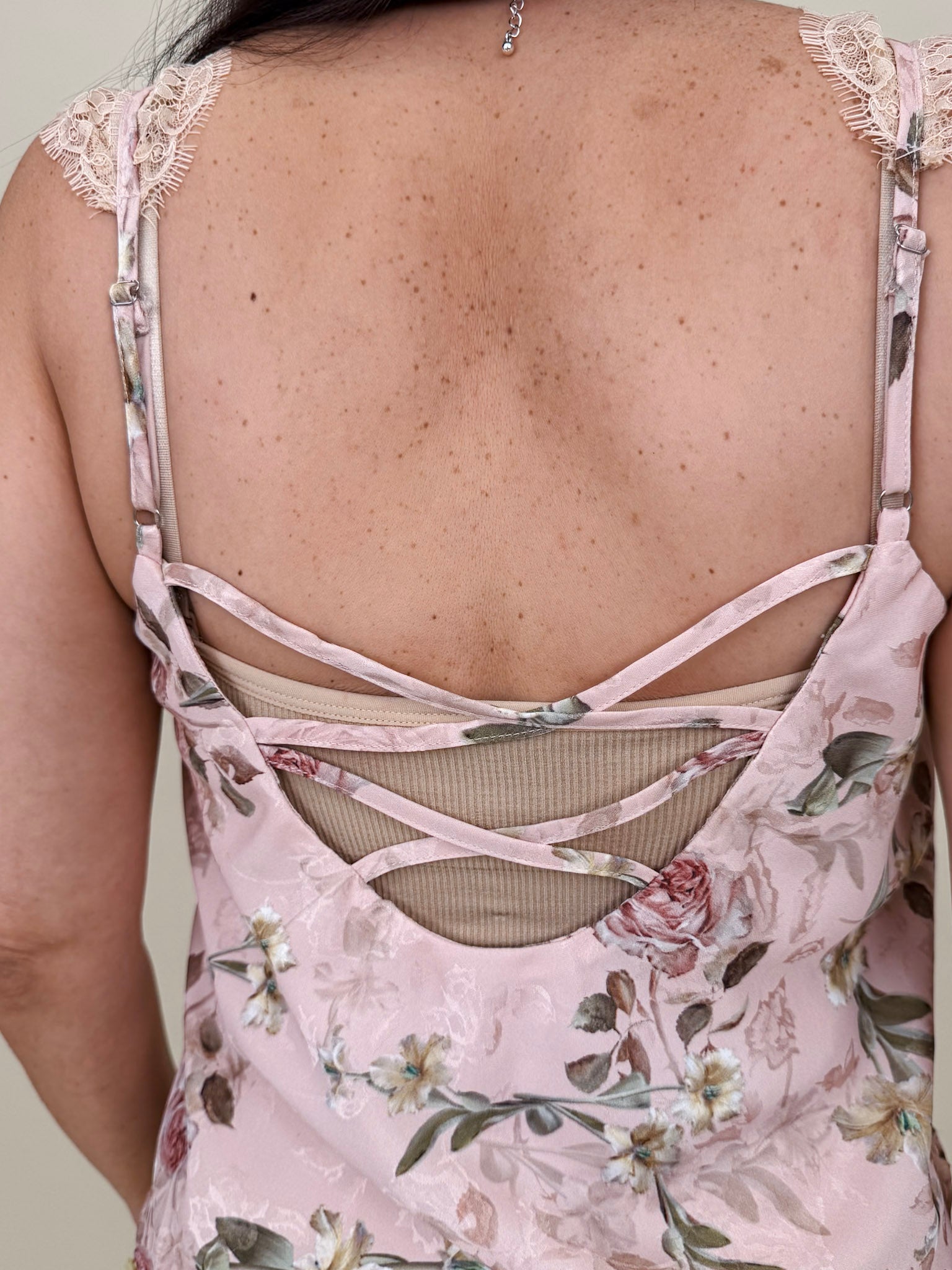 Isabelle Floral Blouse in blush with botanical floral print and lace-trimmed straps — Paper Doll
