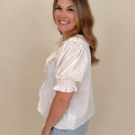 Dani Ruffle Blouse with cream ruffle neckline and pintuck detailing — Paper Doll