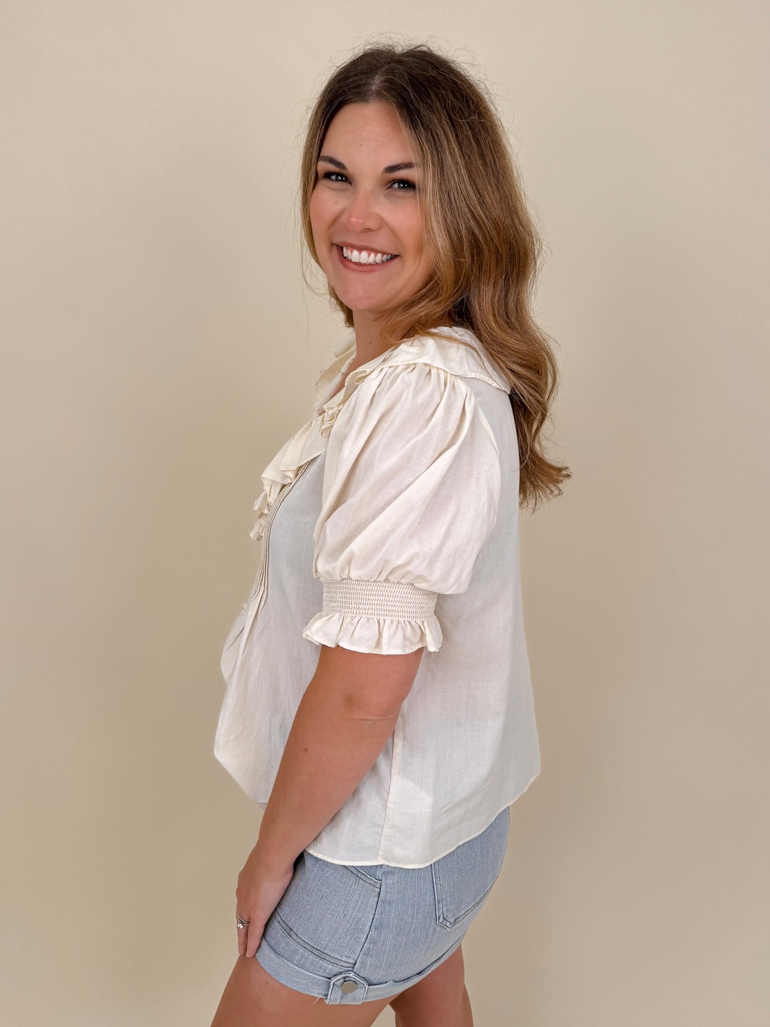 Dani Ruffle Blouse with cream ruffle neckline and pintuck detailing — Paper Doll