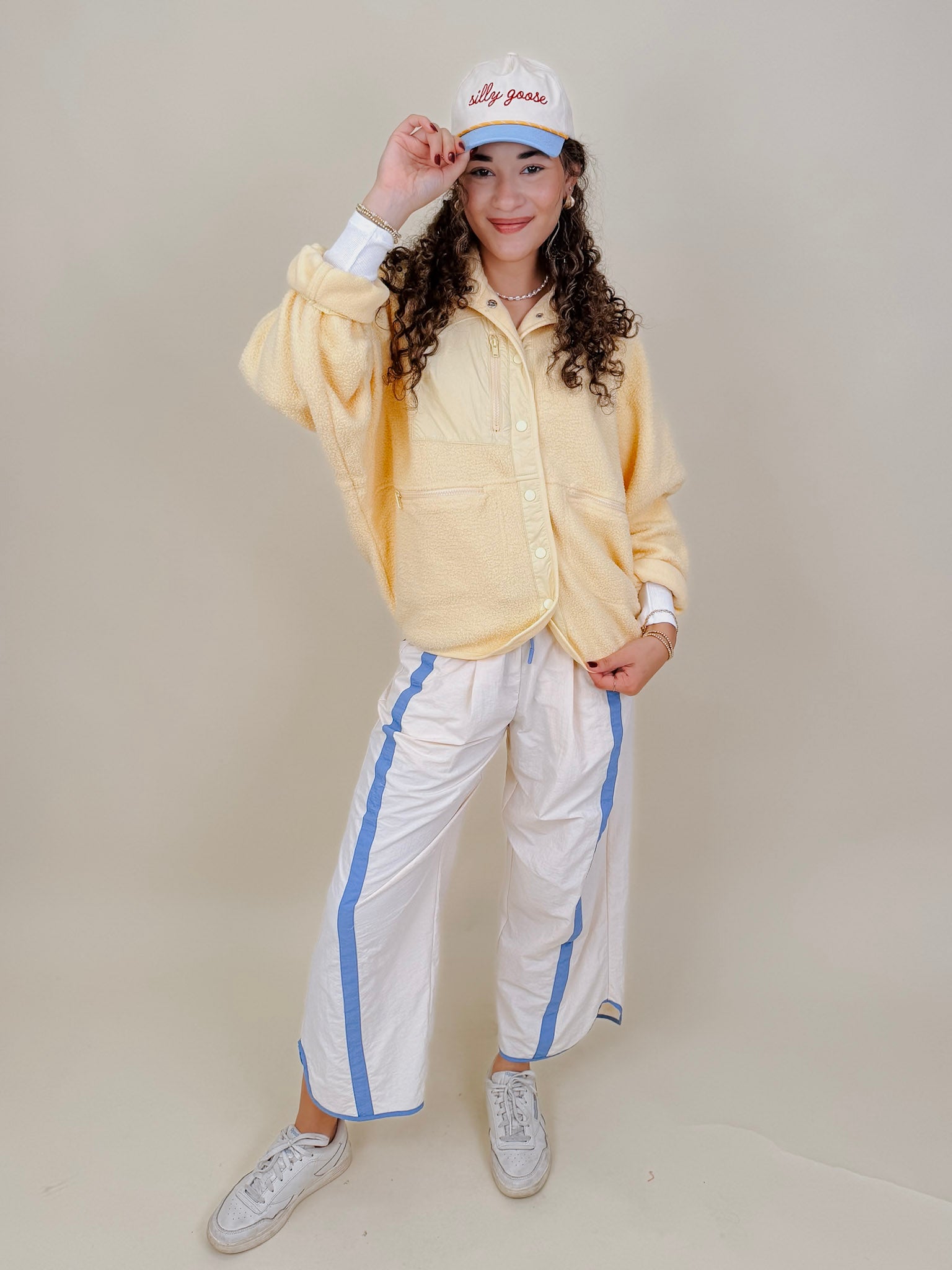 Rubber Duck Jacket in butter yellow sherpa with nylon trim — Paper Doll