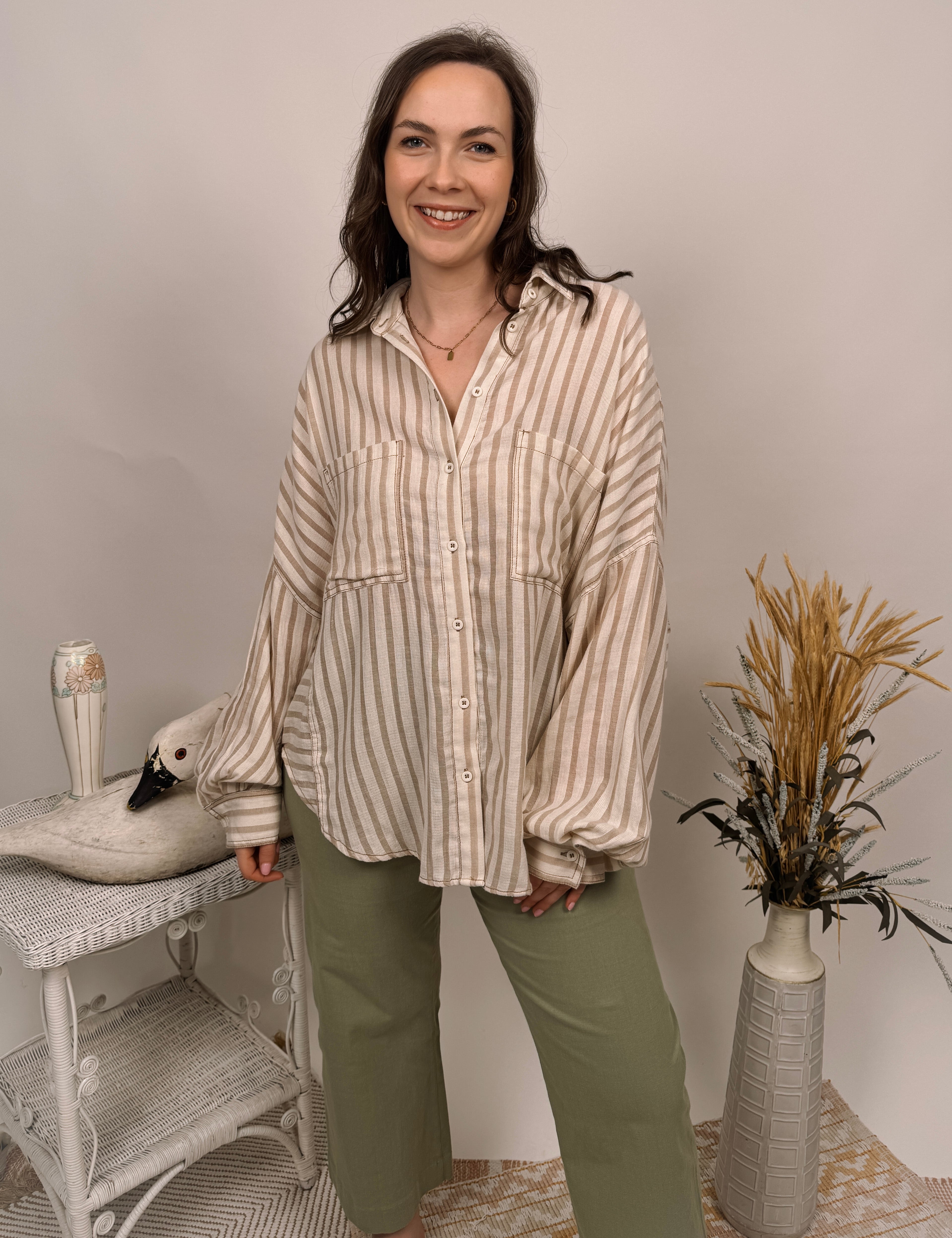 Airy Escape Striped Button Up Top