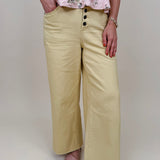 Chrissy Pant in yellow mist with high-rise waist, exposed button fly, and wide-leg silhouette — Paper Doll
