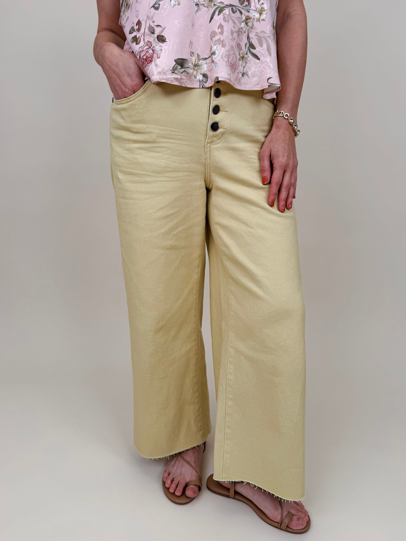Chrissy Pant in yellow mist with high-rise waist, exposed button fly, and wide-leg silhouette — Paper Doll
