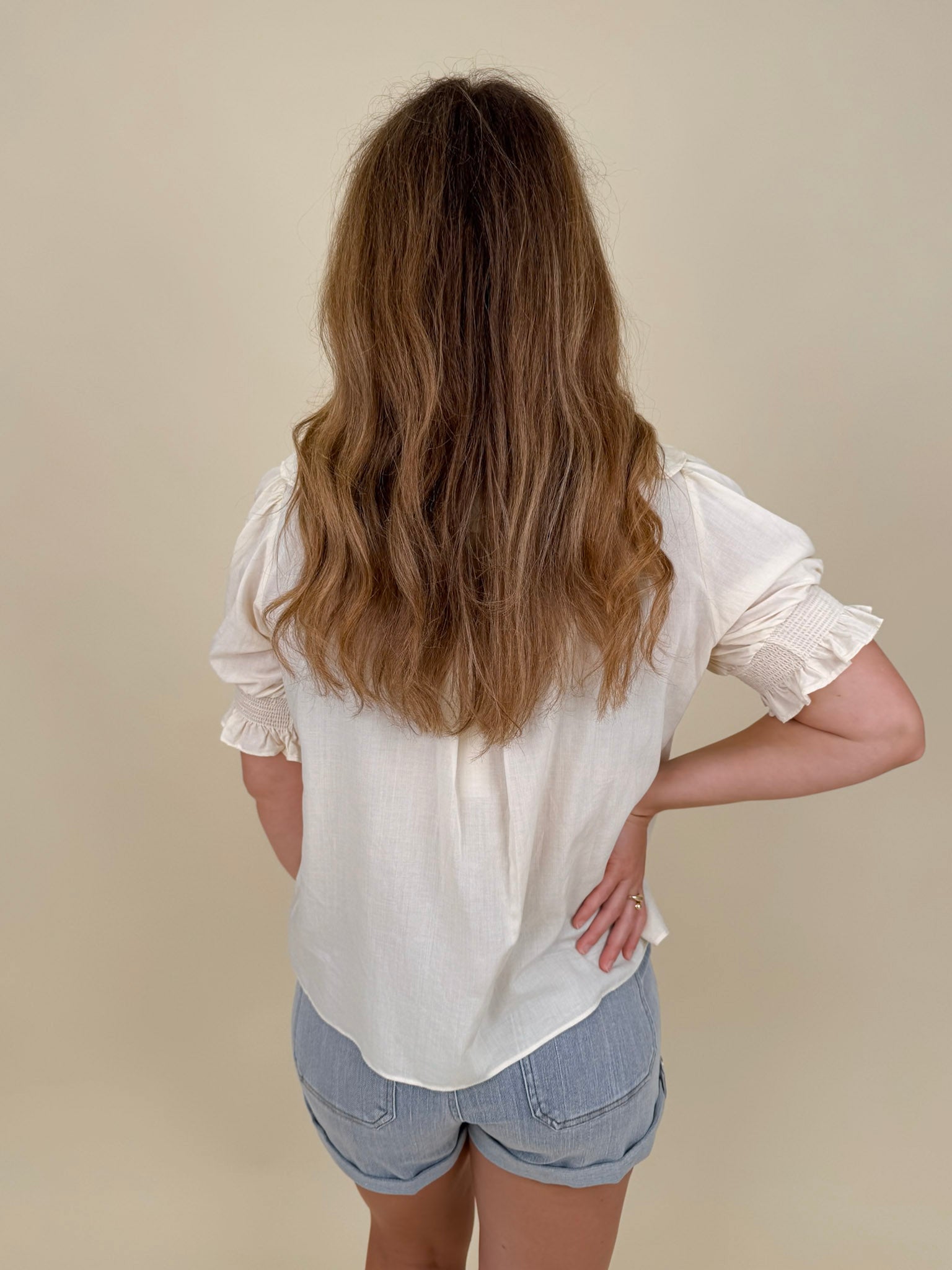 Dani Ruffle Blouse with cream ruffle neckline and pintuck detailing — Paper Doll