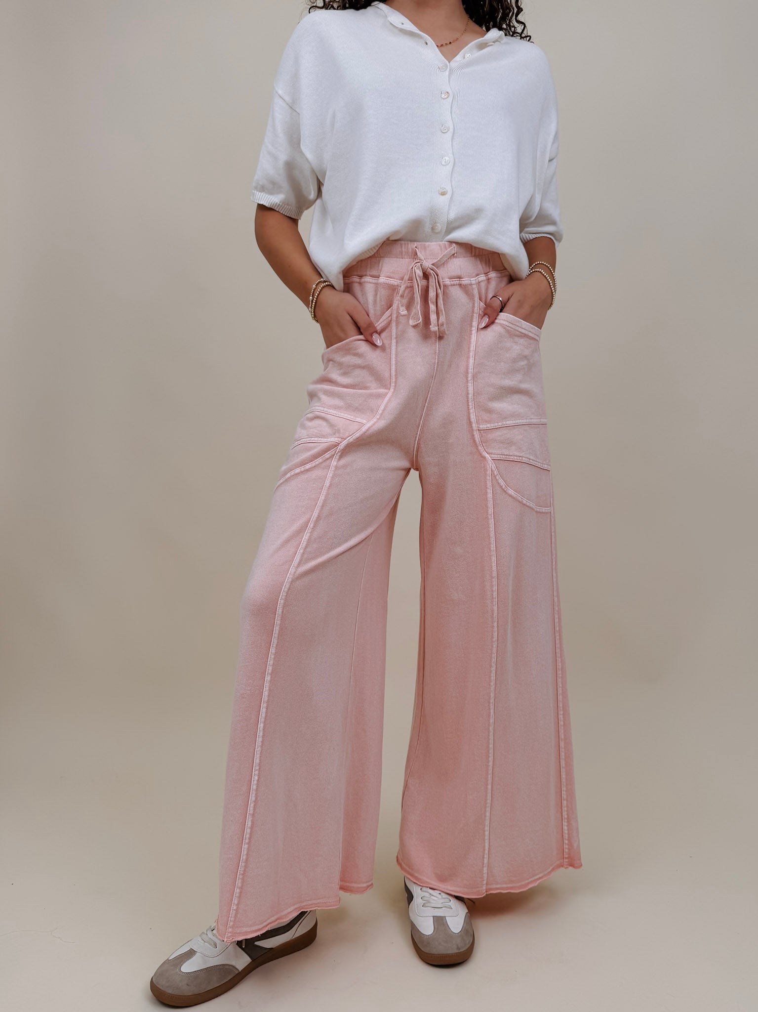 Braxton Cozy Pant in washed blush with a drawstring waist and wide leg — Paper Doll
