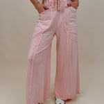 Braxton Cozy Pant in washed blush with a drawstring waist and wide leg — Paper Doll
