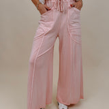 Braxton Cozy Pant in washed blush with a drawstring waist and wide leg — Paper Doll
