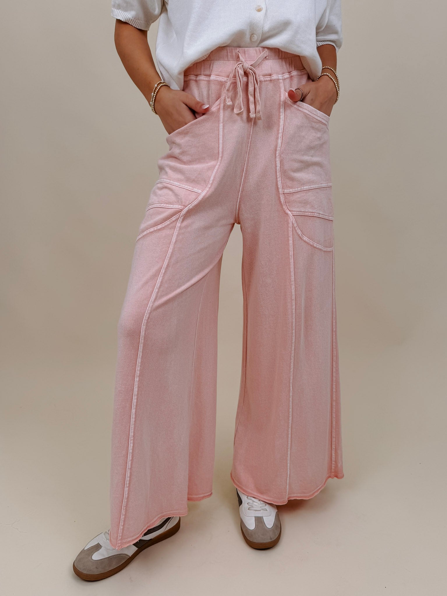 Braxton Cozy Pant in washed blush with a drawstring waist and wide leg — Paper Doll
