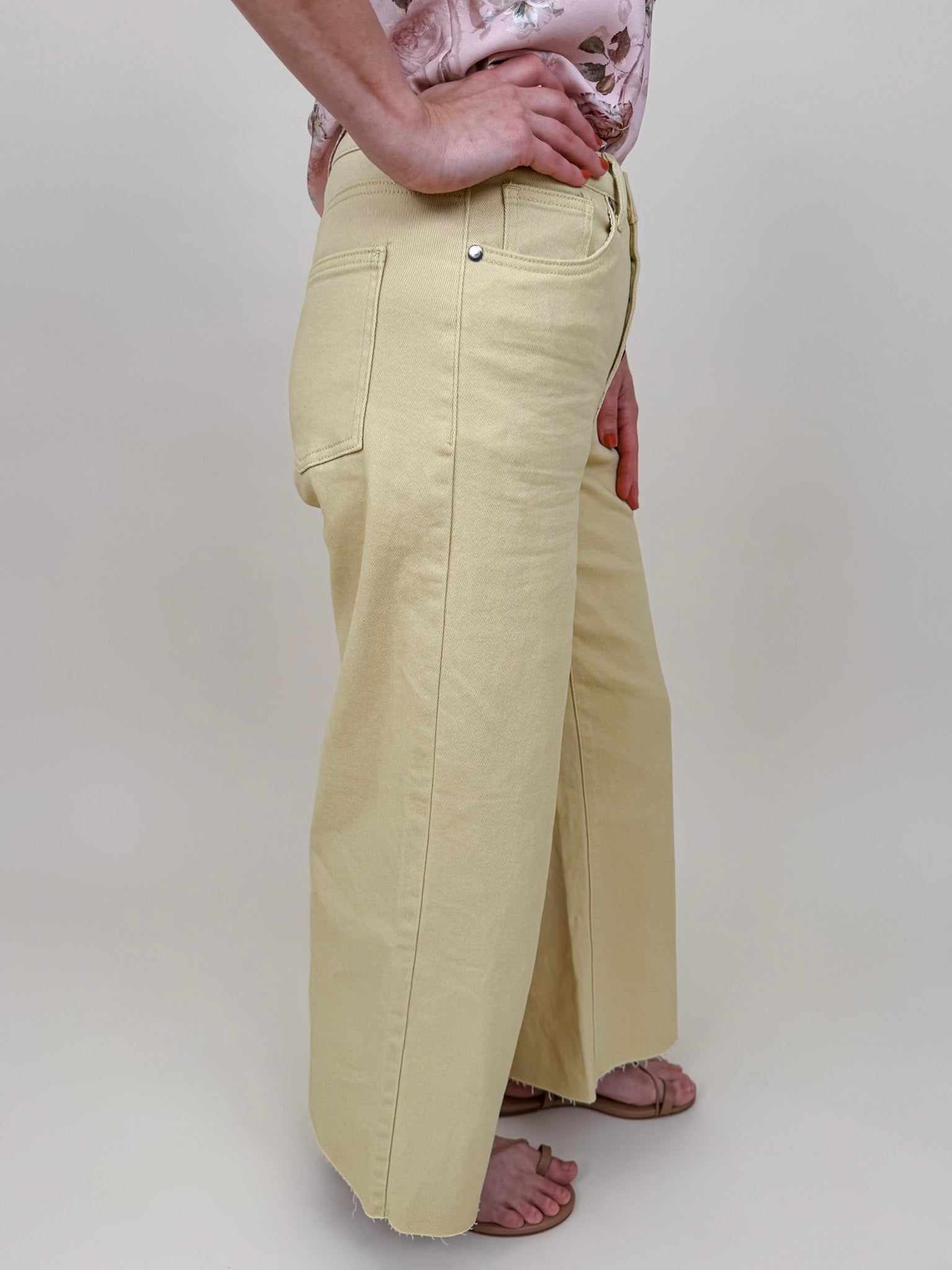 Chrissy Pant in yellow mist with high-rise waist, exposed button fly, and wide-leg silhouette — Paper Doll
