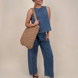 Anya Denim Top in washed blue with vertical seam detail and gathered neckline — Paper Doll
