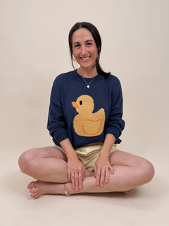 Little Duckling Sweater in navy with intarsia rubber duck graphic and chunky knit — Paper Doll