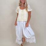 Millie Blouse in buttery yellow with lace trim and pintuck pleating — Paper Doll