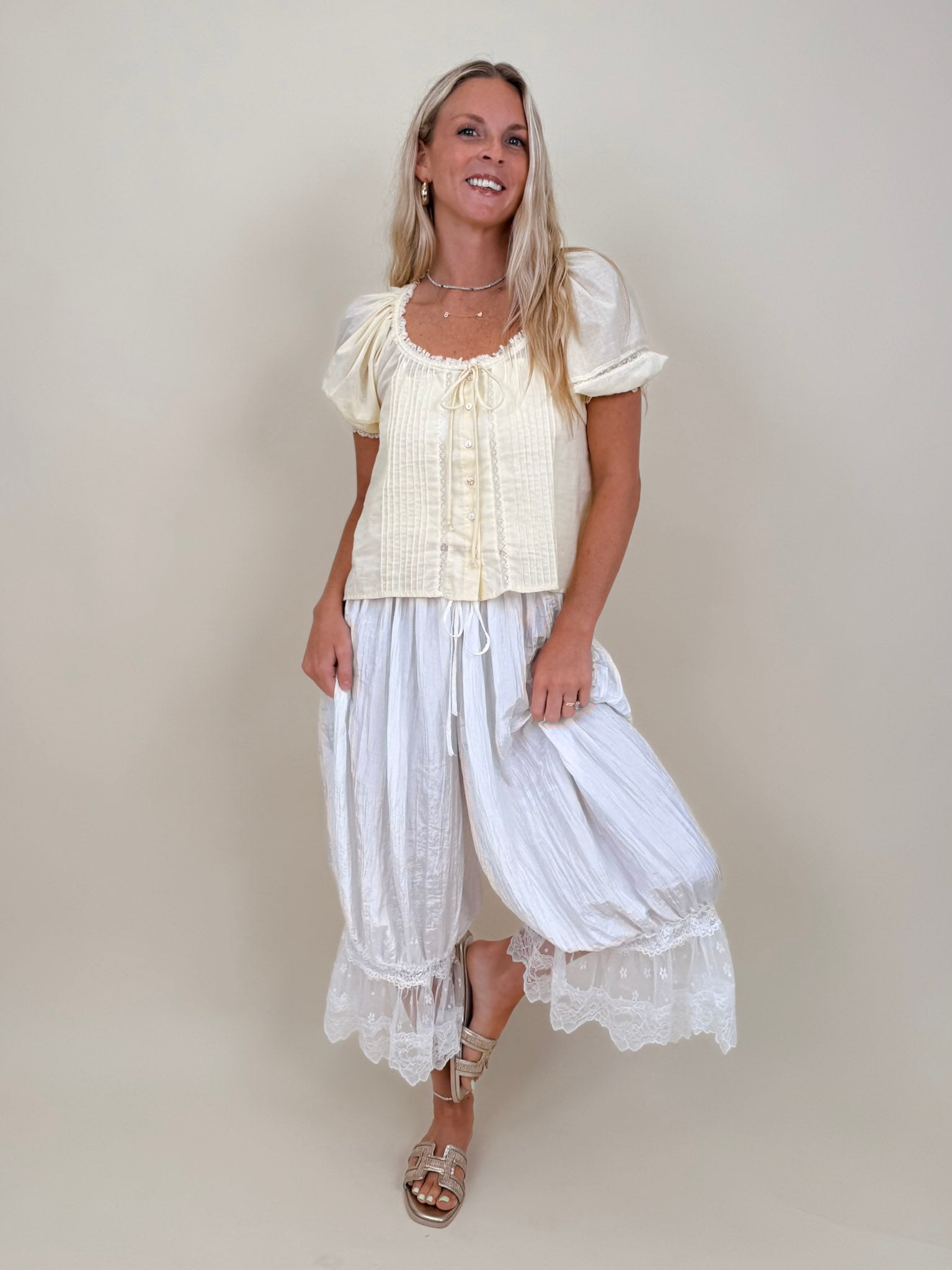 Millie Blouse in buttery yellow with lace trim and pintuck pleating — Paper Doll