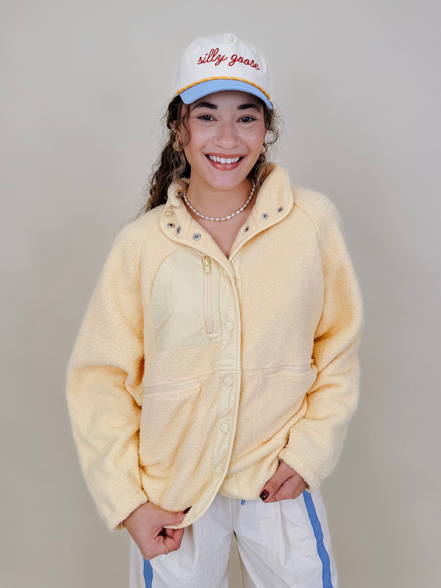 Rubber Duck Jacket in butter yellow sherpa with nylon trim — Paper Doll