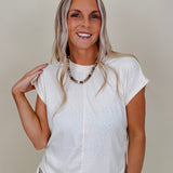 Simple Day Ruched Side Tie Blouse in ivory slub knit with cap sleeves and side ties — Paper Doll