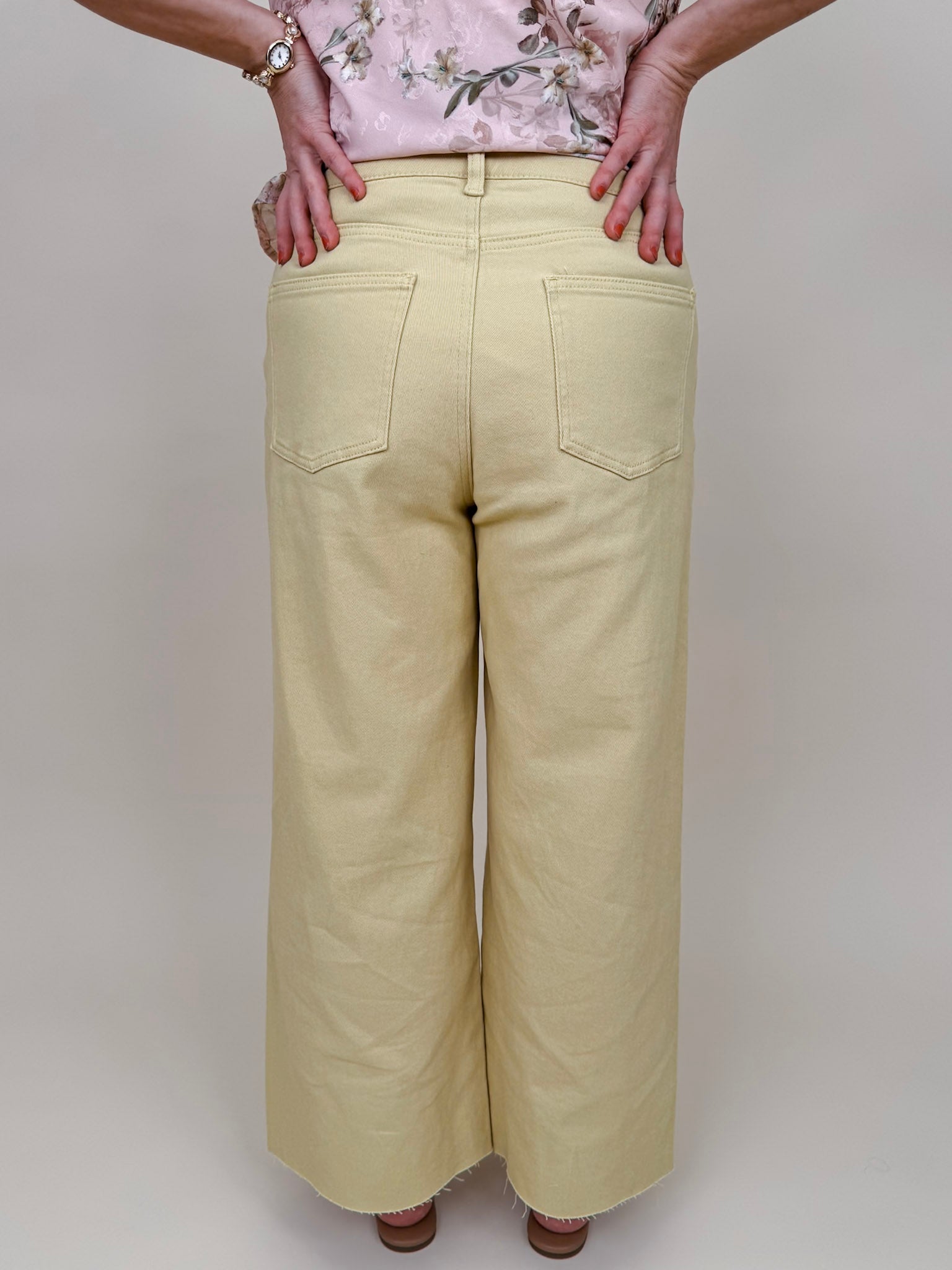 Chrissy Pant in yellow mist with high-rise waist, exposed button fly, and wide-leg silhouette — Paper Doll
