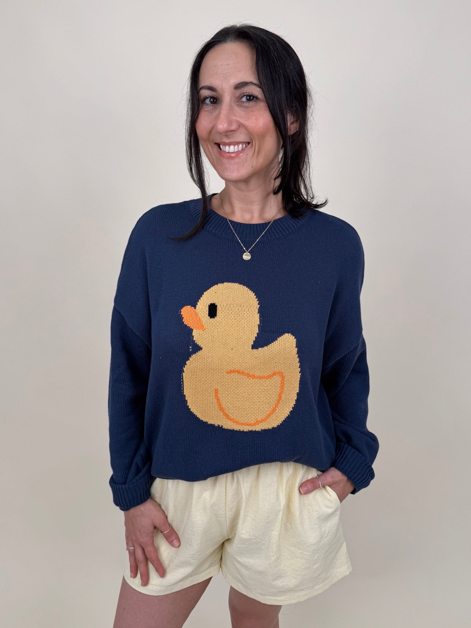 Little Duckling Sweater in navy with intarsia rubber duck graphic and chunky knit — Paper Doll