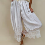 Charlotte Drapery Lace Trim Pants in ivory with gathered balloon leg and floral lace scallop hem — Paper Doll