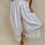 Charlotte Drapery Lace Trim Pants in ivory with gathered balloon leg and floral lace scallop hem — Paper Doll
