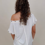 Just A Dream Metal Circle Trim Top in cream with metal grommet neckline trim — Paper Doll
