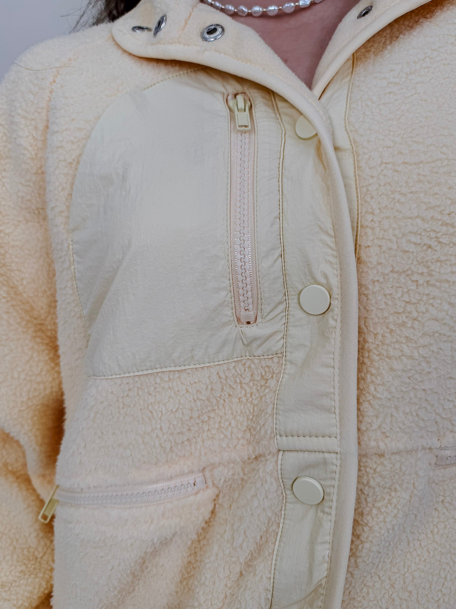 Rubber Duck Jacket in butter yellow sherpa with nylon trim — Paper Doll