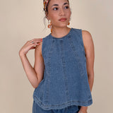 Anya Denim Top in washed blue with vertical seam detail and gathered neckline — Paper Doll
