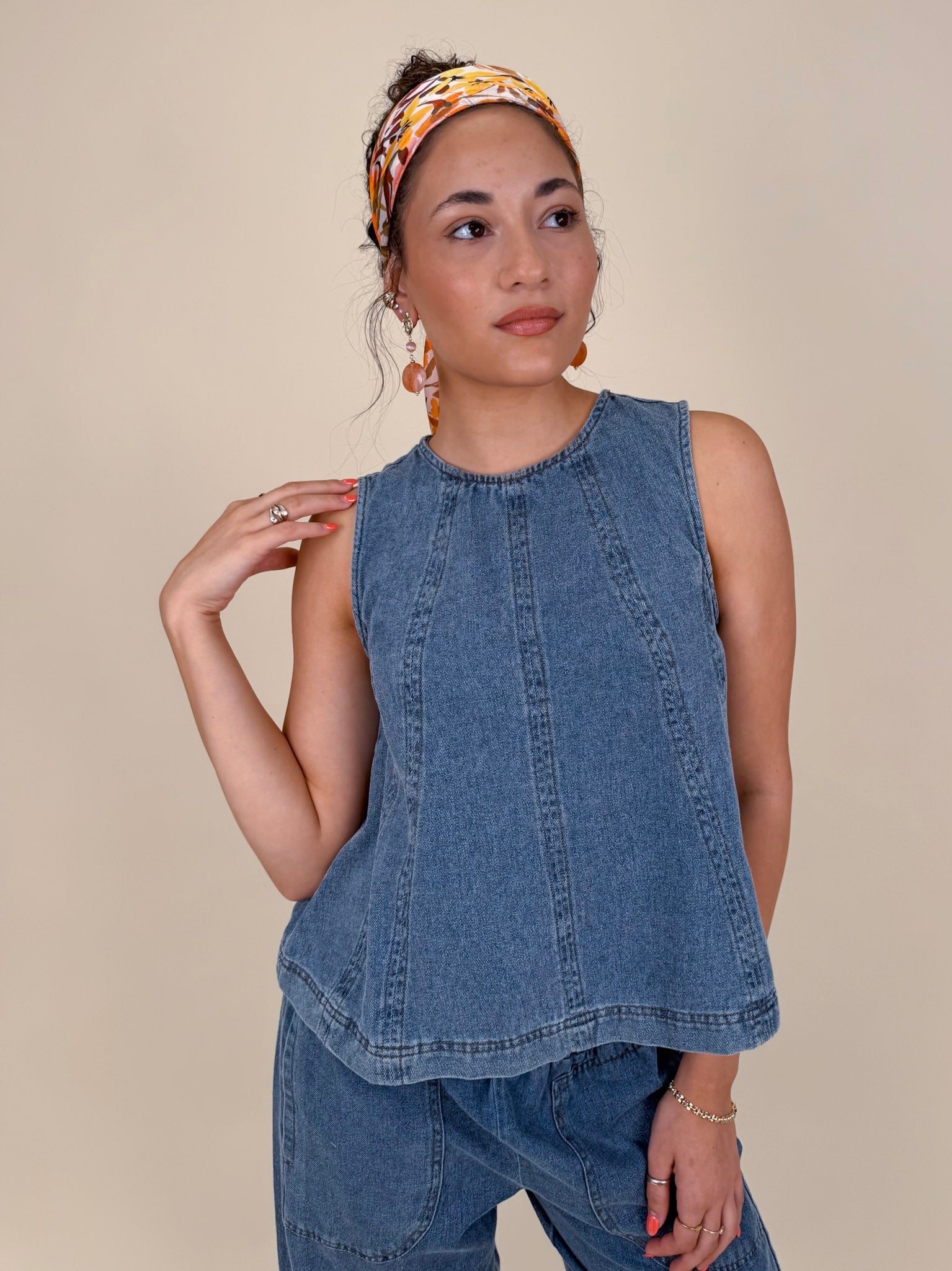 Anya Denim Top in washed blue with vertical seam detail and gathered neckline — Paper Doll

