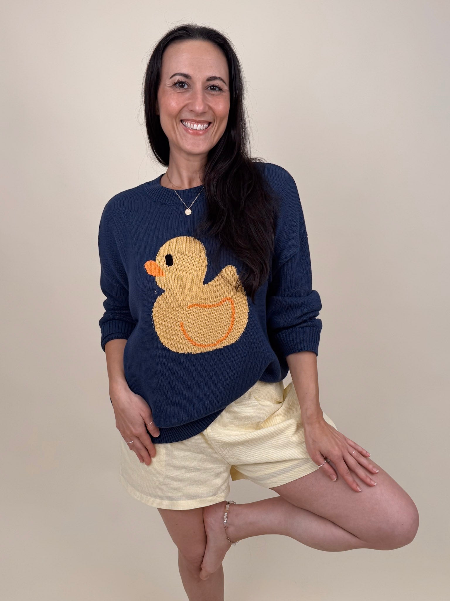 Little Duckling Sweater in navy with intarsia rubber duck graphic and chunky knit — Paper Doll