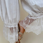 Charlotte Drapery Lace Trim Pants in ivory with gathered balloon leg and floral lace scallop hem — Paper Doll