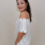 Just A Dream Metal Circle Trim Top in cream with metal grommet neckline trim — Paper Doll
