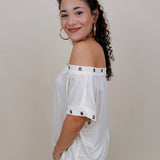 Just A Dream Metal Circle Trim Top in cream with metal grommet neckline trim — Paper Doll
