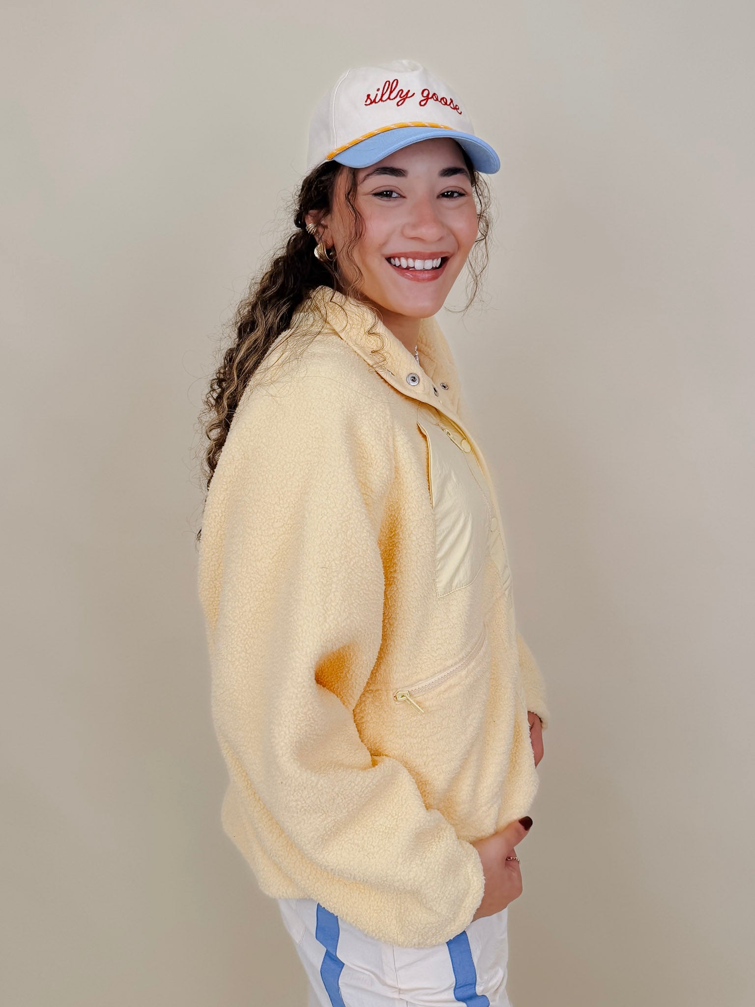 Rubber Duck Jacket in butter yellow sherpa with nylon trim — Paper Doll