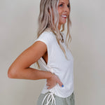 Simple Day Ruched Side Tie Blouse in ivory slub knit with cap sleeves and side ties — Paper Doll