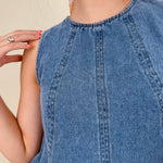 Anya Denim Top in washed blue with vertical seam detail and gathered neckline — Paper Doll
